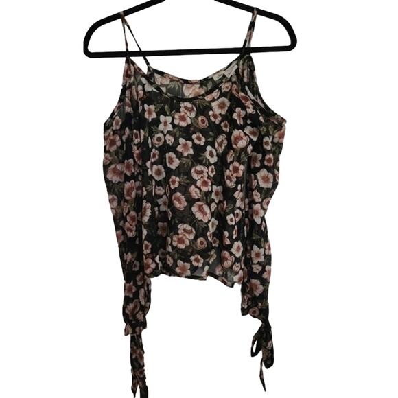 Floral Cold Shoulder Top Long Sleeve Sheer Blouse Tie Cuffs - Picture 1 of 8